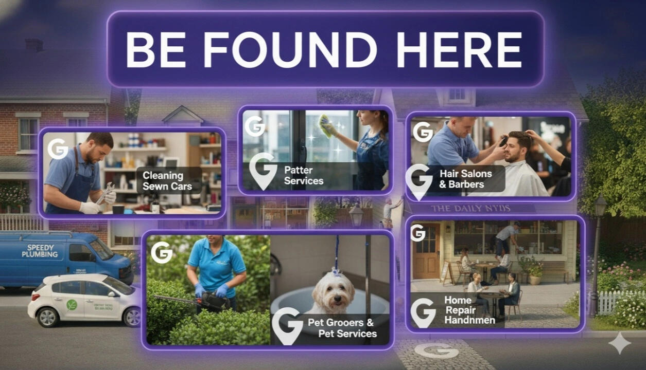 Get Found Here – local UK businesses Get found here banner showing examples of UK local businesses appearing on Google.