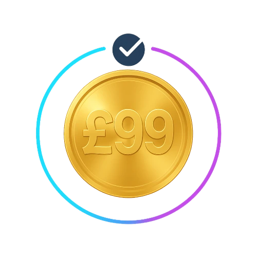 Straightforward Pricing – £99 One-Time Setup Straightforward pricing icon showing £99 one-time setup coin.
