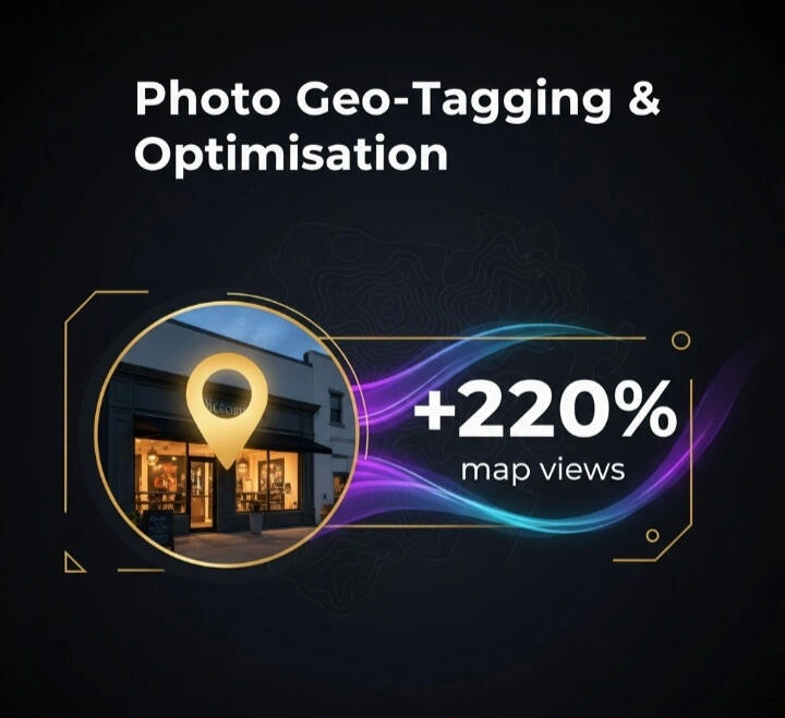 Photo Geo-Tagging & Optimisation +220% map views Photo geo-tagging and optimisation graphic showing +220% map views.