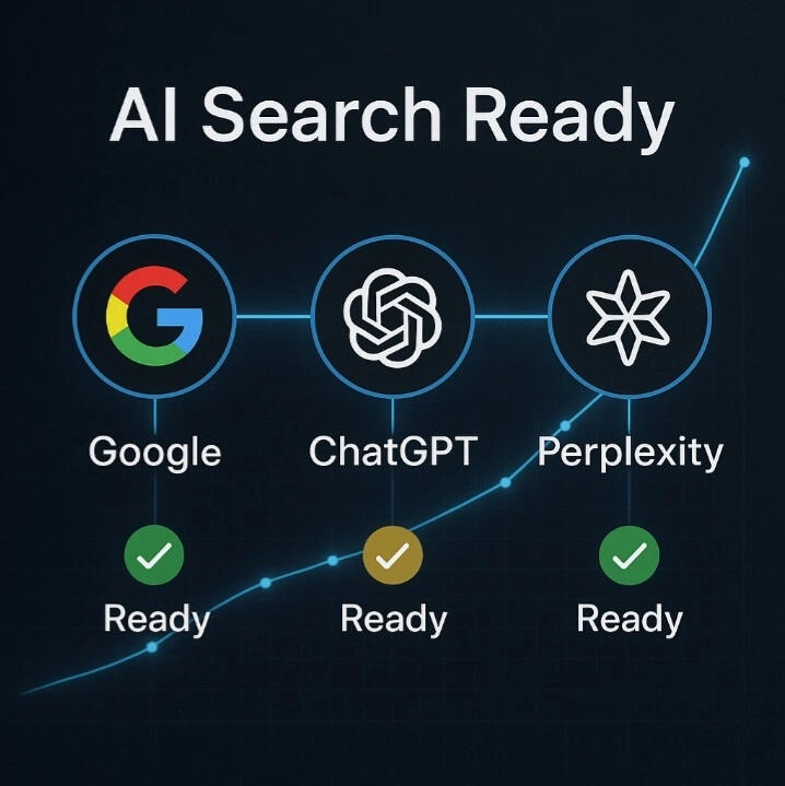 AI Search Ready – Google ChatGPT Perplexity AI Search Ready chart showing Google, ChatGPT, and Perplexity readiness.