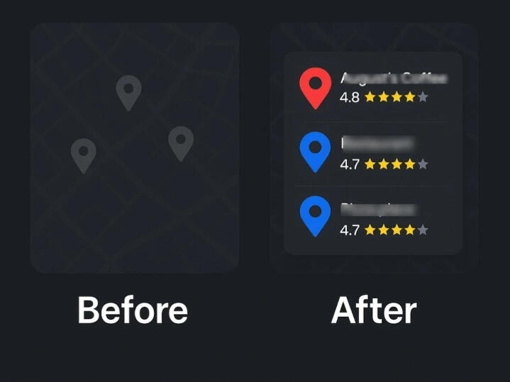 Google Business Visibility – Before & After Example showing Google Business profile moving from off-map to visible results.